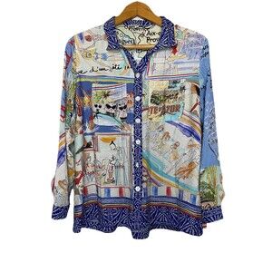John Mark Women's Petite Medium San Tropez Tropical Print Button Up Blouse Top